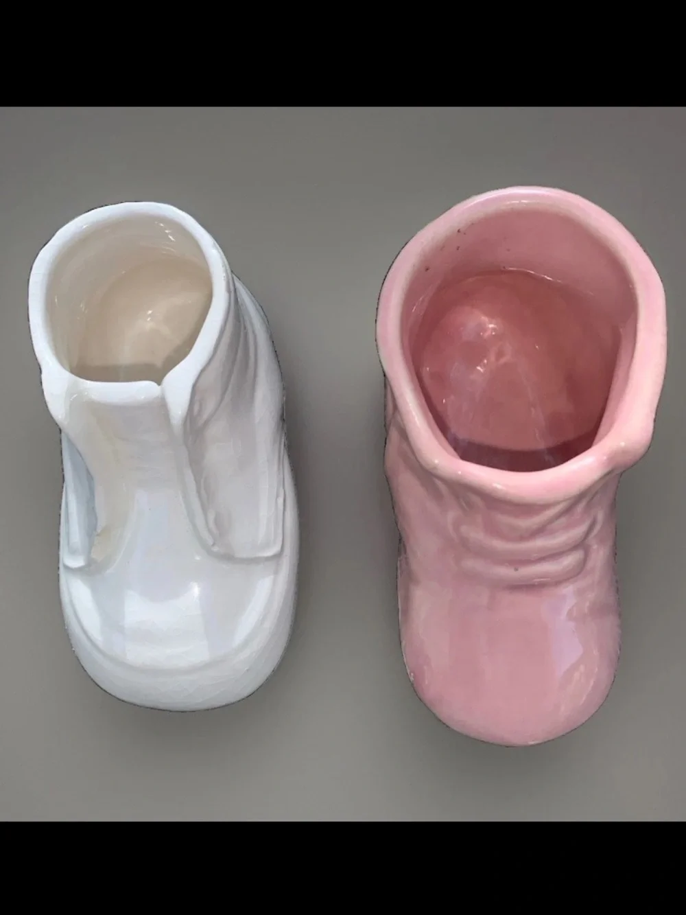 Vintage 1950s Ceramic Baby Bootie Planters, Pink & White. Set of 2